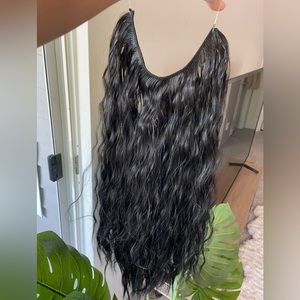 24 Inch Halo Invisible Wire No Clips Dark Brown Curly Hair Extensions.